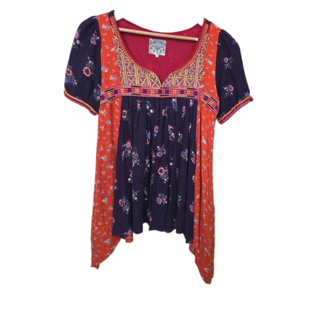Anthropogolie Floreat Embroidered Floral Paneled Tunic Blouse Asymmetric Boho 8